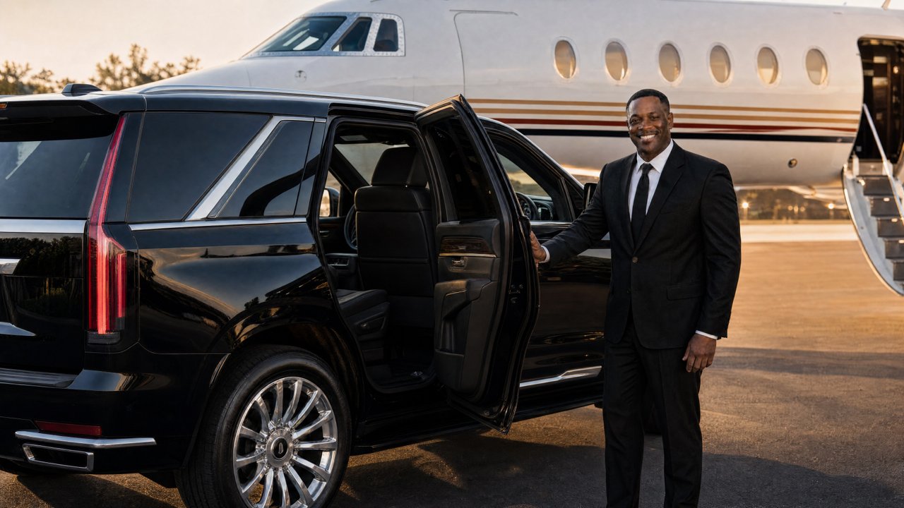 Professional chauffeur beside a black SUV and private aircraft
